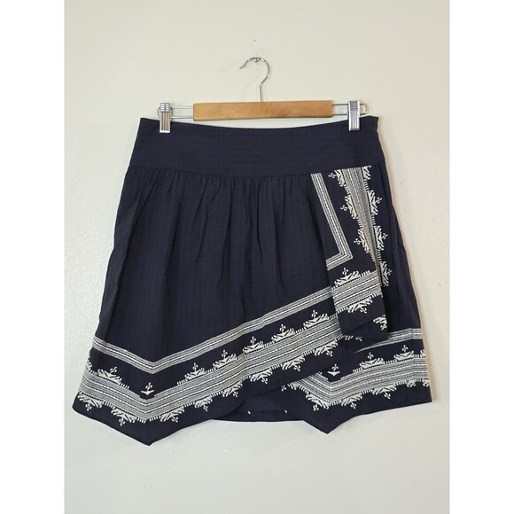 Holding Horses Anthropologie Faux Wrap Skirt Size 10 Blue Embroidered Tessa - Picture 1 of 10
